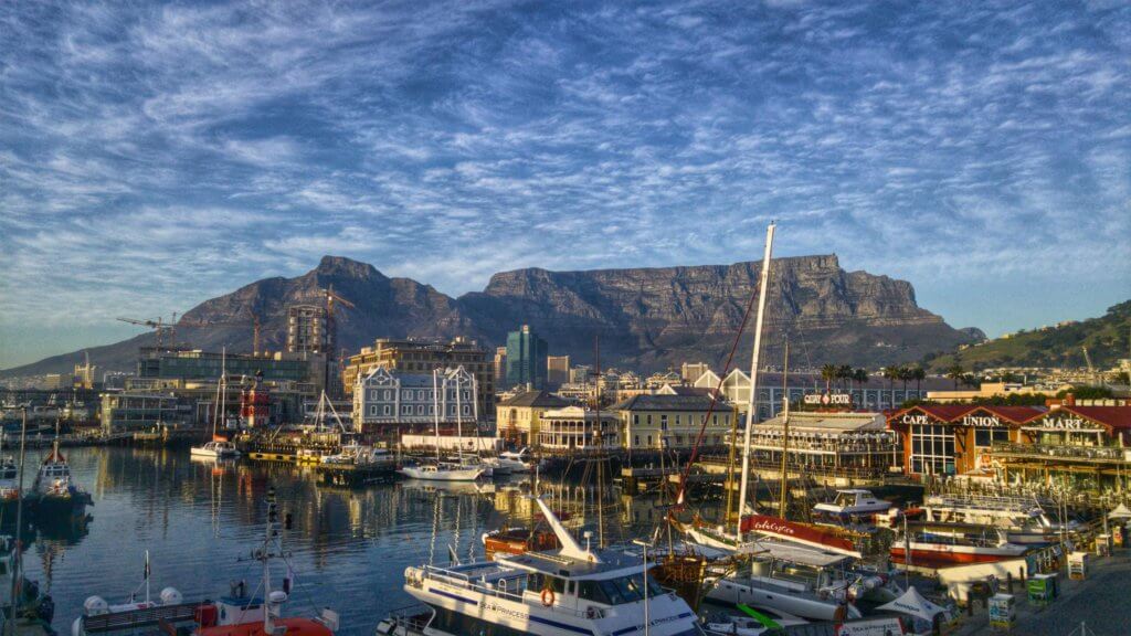 The waterfront area in Cape Town, South Africa and the view of the table mountain