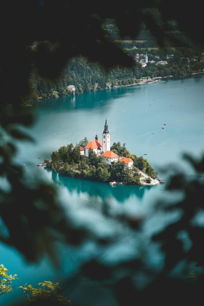 Aerial view of the church in lake bled
